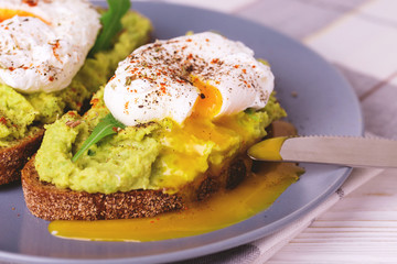 Toast with poached egg, puree avocado, spices and arugula