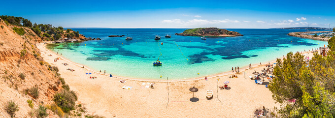 Beautiful panorama view of the beach Cala Portals Nous Platja de l'Oratori on Majorca island...