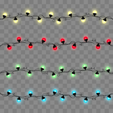 Set of realistic color garlands, festive decorations. Glowing lights isolated on transparent checkered. Vector illustration.