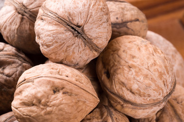 Macro view of a group of old walnuts