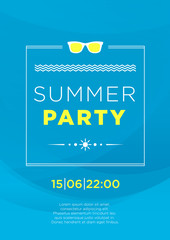 Vertical blue summer party background with graphic elements and text.  