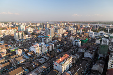Fototapeta na wymiar Downtown in Yangon (Rangoon), Myanmar (Burma) viewed from above in daylight.