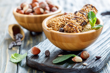 Cereal bars with hazelnuts,peanuts and chocolate.