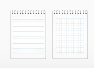 Realistic notepads with white sheets in line and in a square, on a spiral