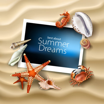 Vector illustration of photo frame lying on a background of sea sandy beach with seashells, pebbles, starfish and crab. An excellent advertising poster for a travel agency