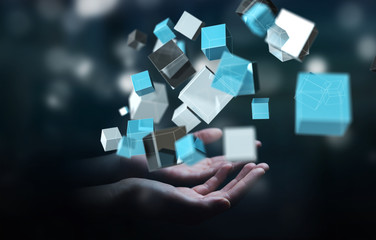 Businessman holding floating blue shiny cube network 3D rendering - obrazy, fototapety, plakaty