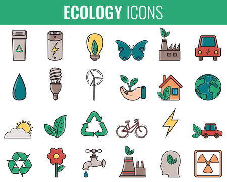 Ecology icons set. Icons for renewable energy, green technology. Hand drawn. Vector