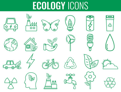 Ecology icons set. Icons for renewable energy, green technology. Hand drawn. Vector
