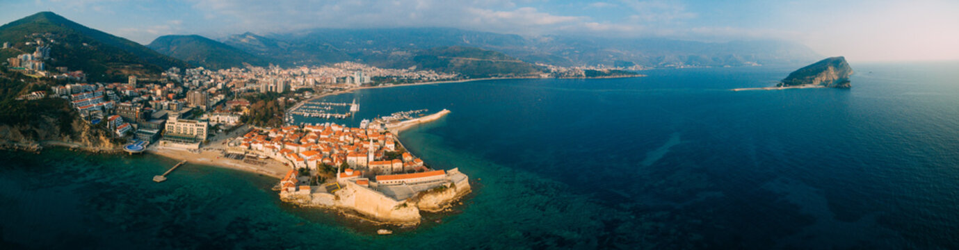 Aerial View of Old town Budva in Montenegro. © Nadtochiy