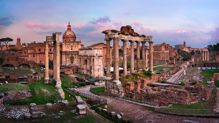 Fototapeta na wymiar Panorama of Roman Forum (Foro Romano) at Sunset, Rome, Italy