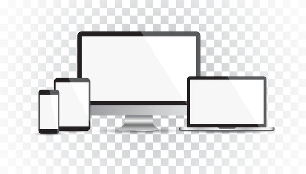 Realistic device flat Icons: smartphone, tablet, laptop and desktop computer. Vector illustration on isolated background