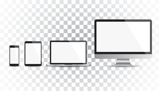 Realistic device flat Icons: smartphone, tablet, laptop and desktop computer. Vector illustration on isolated background