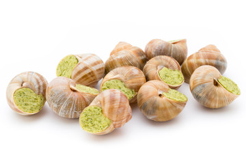 Cooked snails delicacy. French cuisine stuffed snails.