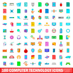 100 computer technology icons set, cartoon style