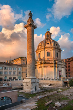 Trajan's Column and Santa Maria di Loreto Church in the Evening, Rome, Italy