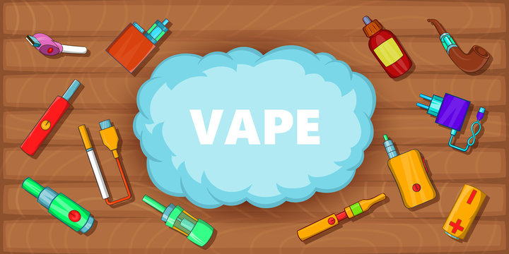 Vaping tools banner horizontal, cartoon style