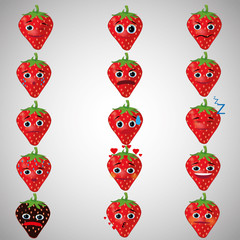 Set of emoticons, strawberry. Strawberry with different facial expressions. The face of strawberries. All on a transparent background.