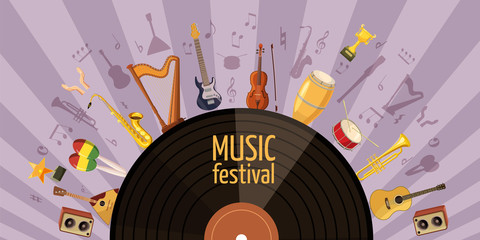 Music festival banner horizontal, cartoon style