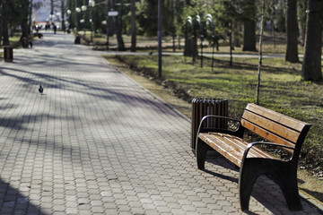 Fototapeta na wymiar Bench in the park near the alleyway