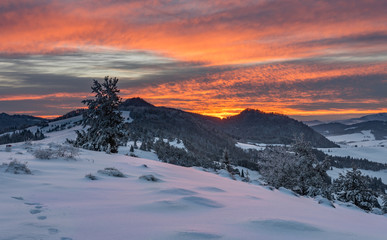 Poland landscape, sunrise in Pieniny mountains seen from Wysoki Wierch