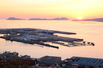 beautiful golden sunset in Vigo city in Spain,  the longest city of Galicia