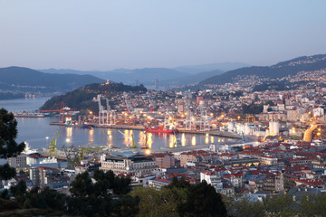 view of Vigo city in Galicia Spain at sunset - obrazy, fototapety, plakaty