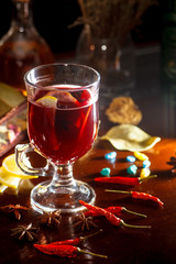 The traditional drink for winter evenings - mulled wine in the glass.