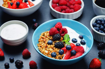 Healthy breakfast with granola, greek yogurt, berries and milk