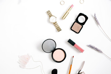 Beauty blog concept. Professional female make up accessories: watches, necklace, lipstick, brush, powder on white background. Flat lay, top view trendy fashion feminine background.