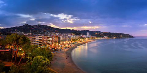 Panorama of Lloret de Mar in the Morning, Costa Brava, Catalonia, Spain - obrazy, fototapety, plakaty