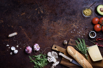 Vegan sandwich ingredients. French bread baguette with vegetables and cheese. Menu frame, top view,...