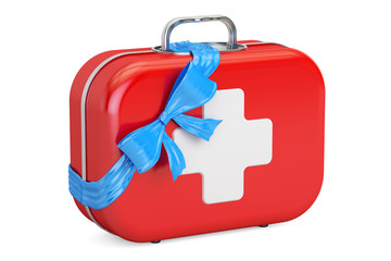 First Aid Kit with bow and ribbon, gift concept. 3D rendering