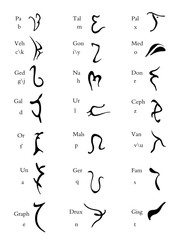Set of  hand drawn enochian magical alphabet, artificial language symbols.