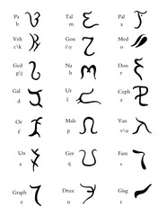 Set of  hand drawn enochian magical alphabet, artificial language symbols.