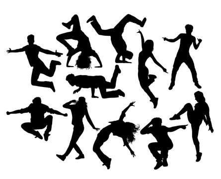 Hip Hop Dancer, male and female action and activity Silhouettes, art vector design