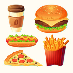 Set of vector cartoon fast food icons - hamburger, hot dog, pizza, french fries, take-away coffee, isolated on white. Signboards, badges, stickers, tags