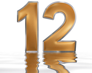 Numeral 12, twelve, reflected on the water surface, isolated on  white, 3d render
