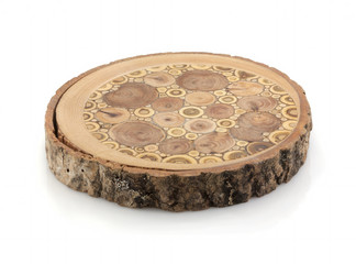 Cutting tree with age rings, decorative stand on a white background