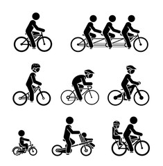 Set of pictograms presenting people riding various types of bicycles.