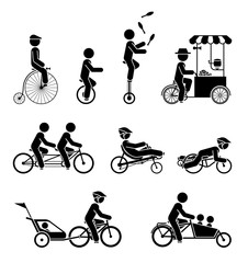 Set of pictograms presenting people riding various types of bicycles. © Dejan Jovanovic