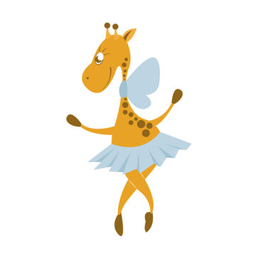 The giraffe dances in a skirt. Ballerina. Vector isolated. White background.