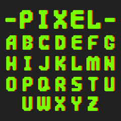 Pixel retro font video computer game design 8 bit letters electronic futuristic style vector abc typeface digital creative alphabet isolated