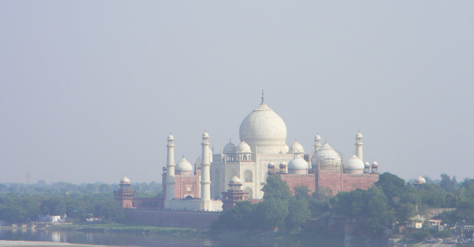 Iconic view of the Taj Mahal from Fort Agra, Northern India