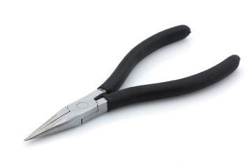 Black pliers with sharp ends on a white background. Isolated