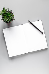 business plan development with notebook and pen desk background top view mockup