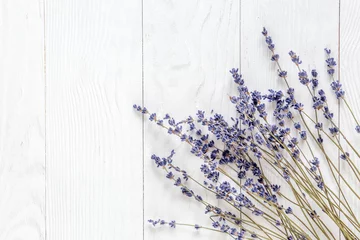 Fotobehang lavender desk design with flowers on white background top view mock up © 279photo