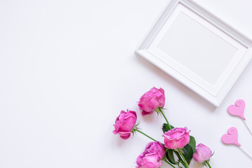 pink peony and frame for present on white background top view mockup