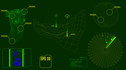 Radar screen with body, planet, map, targets and futuristic user interface HUD. Green infographic elements. Vector illustration.