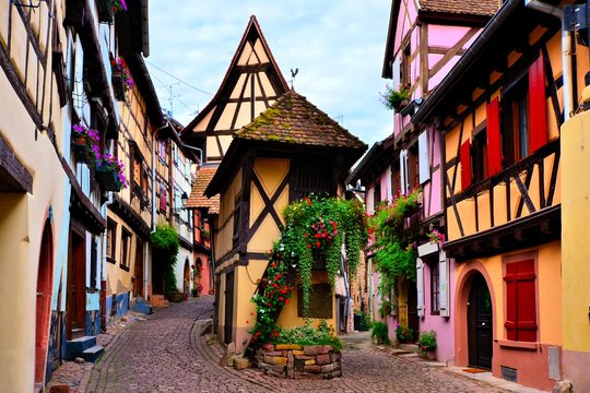 Colorful timbered houses of the Alsatian town of Eguisheim, France