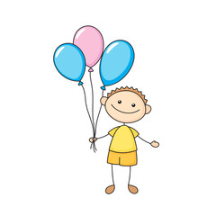 Cheerful boy with balloons in a hand-drawn style. Vector illustration.